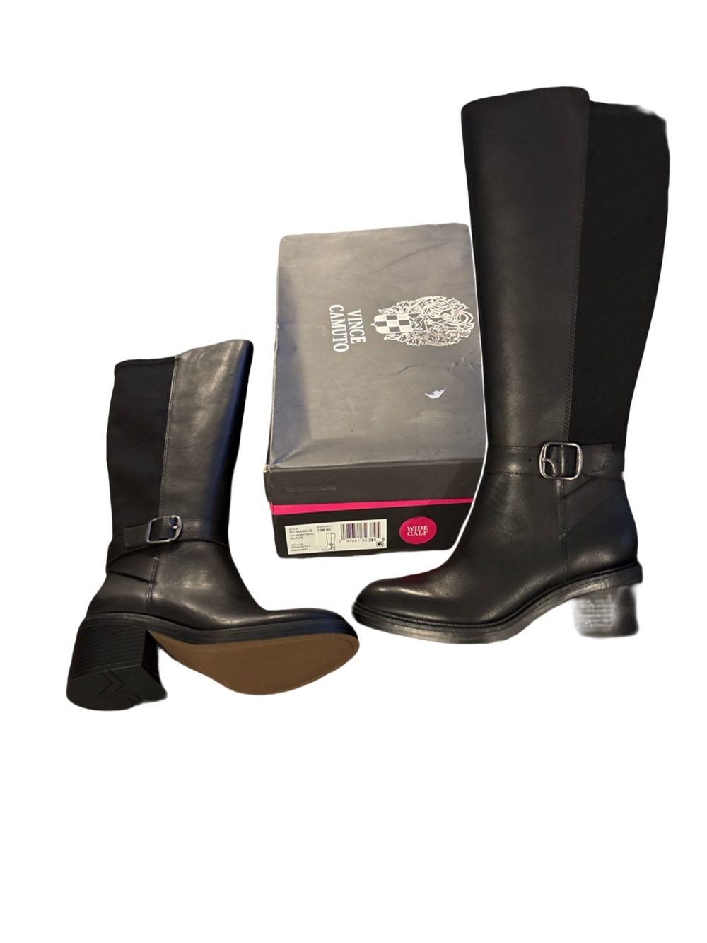 Vince Camuto Vianah2 Black Leather Wide Calf Block Heel Riding Boots